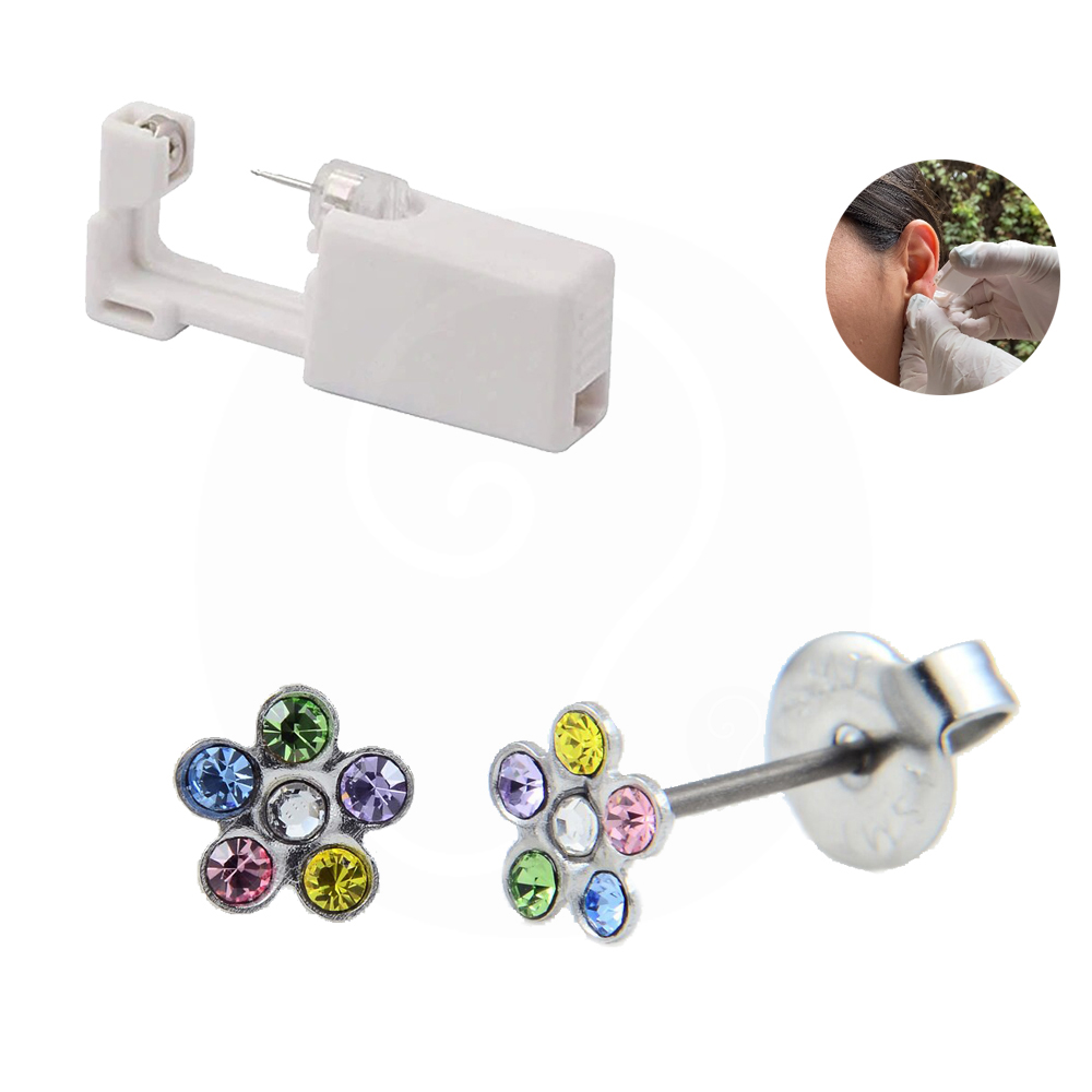 Perforadora de oreja desechable con Arete Flor de Colores Plateada Perforadoras MX